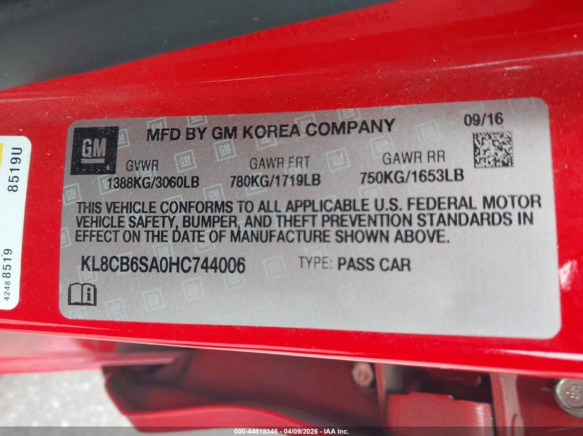 2017 Chevrolet Spark Ls Cvt VIN: KL8CB6SA0HC744006 Lot: 44818346