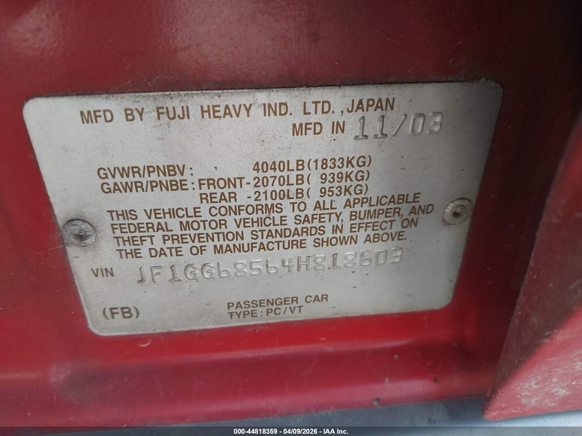 2004 Subaru Impreza Outback Sport VIN: JF1GG68564H818603 Lot: 44818359