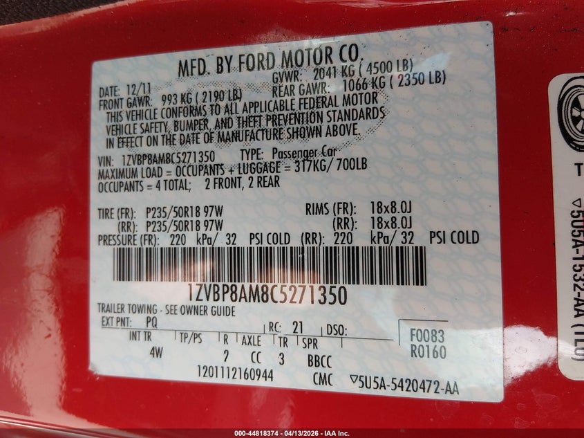 2012 Ford Mustang V6 Premium VIN: 1ZVBP8AM8C5271350 Lot: 44818374