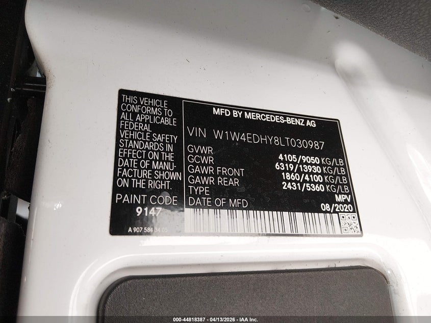 2020 Mercedes-Benz Sprinter 2500 High Roof V6 VIN: W1W4EDHY8LT030987 Lot: 44818387