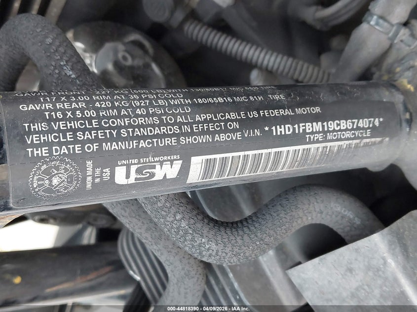 2012 Harley-Davidson Flhr Road King VIN: 1HD1FBM19CB674074 Lot: 44818390