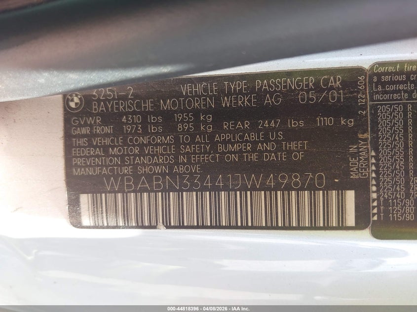 2001 BMW 325Ci VIN: WBABN33441JW49870 Lot: 44818396