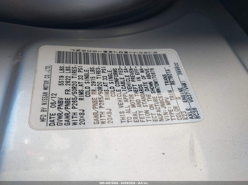 2013 Infiniti Fx37 VIN: JN8CS1MW7DM170676 Lot: 44818486