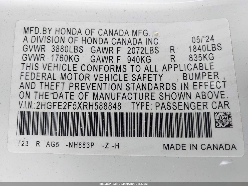 VIN 2HGFE2F5XRH588848 2024 HONDA CIVIC SPORT