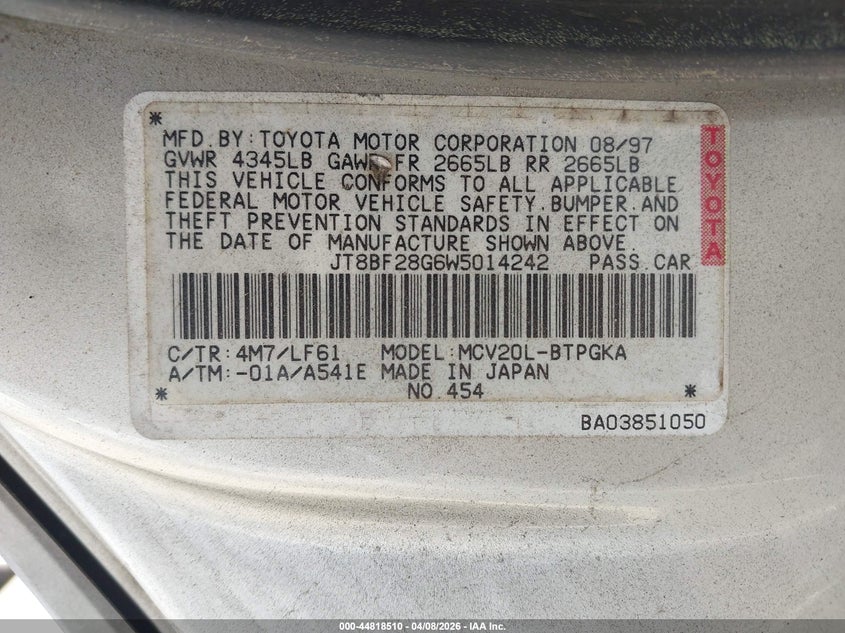 1998 Lexus Es 300 VIN: JT8BF28G6W5014242 Lot: 44818510