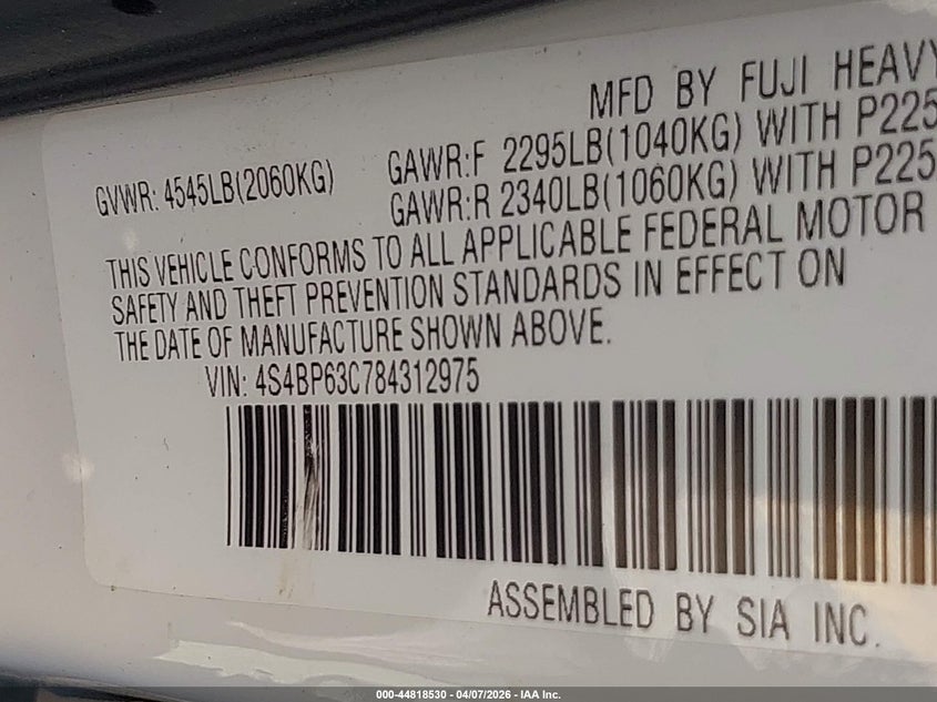 2008 Subaru Outback 2.5Xt Limited VIN: 4S4BP63C784312975 Lot: 44818530