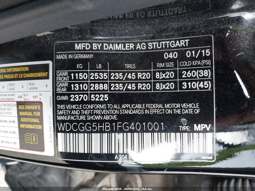 2015 Mercedes-Benz Glk 350 VIN: WDCGG5HB1FG401001 Lot: 44818535