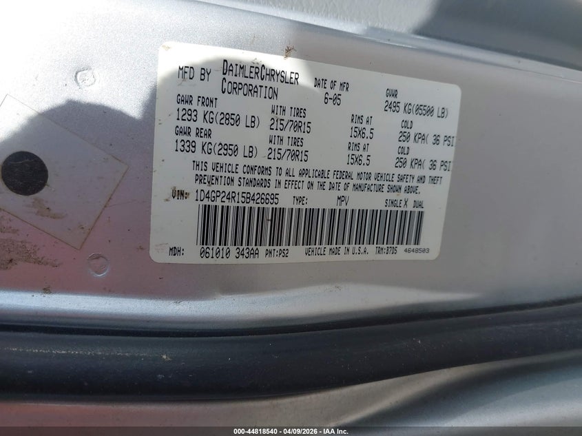 2005 Dodge Grand Caravan Se VIN: 1D4GP24R15B426695 Lot: 44818540