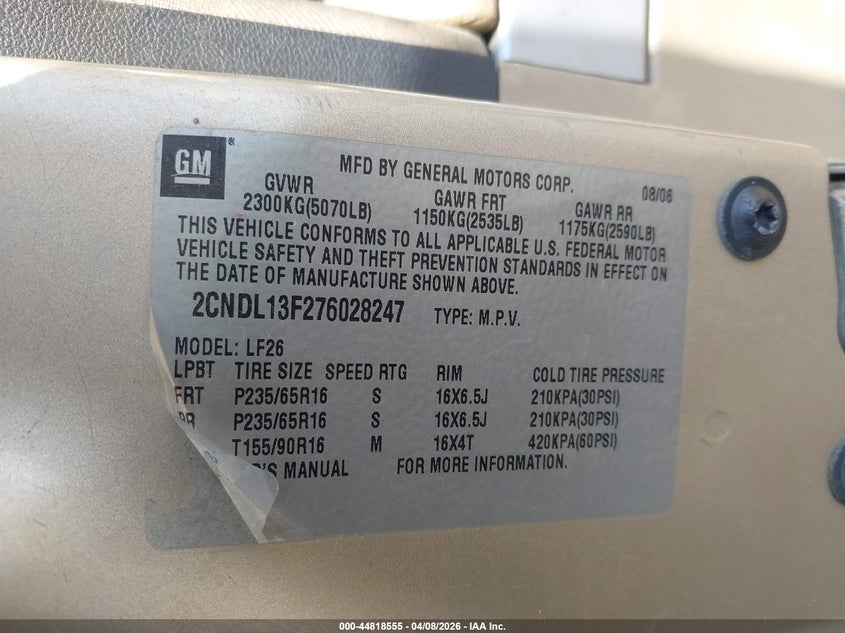 2007 Chevrolet Equinox Ls VIN: 2CNDL13F276028247 Lot: 44818555