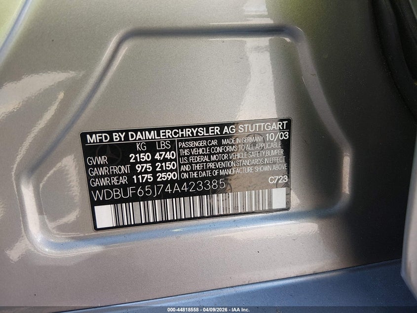 2004 Mercedes-Benz E 320 VIN: WDBUF65J74A423385 Lot: 44818558