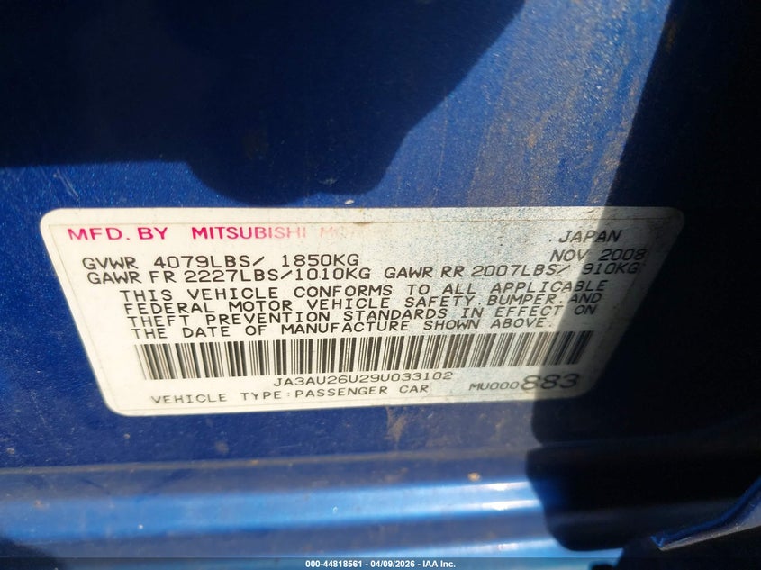 2009 Mitsubishi Lancer Es/Es-Sport VIN: JA3AU26U29U033102 Lot: 44818561