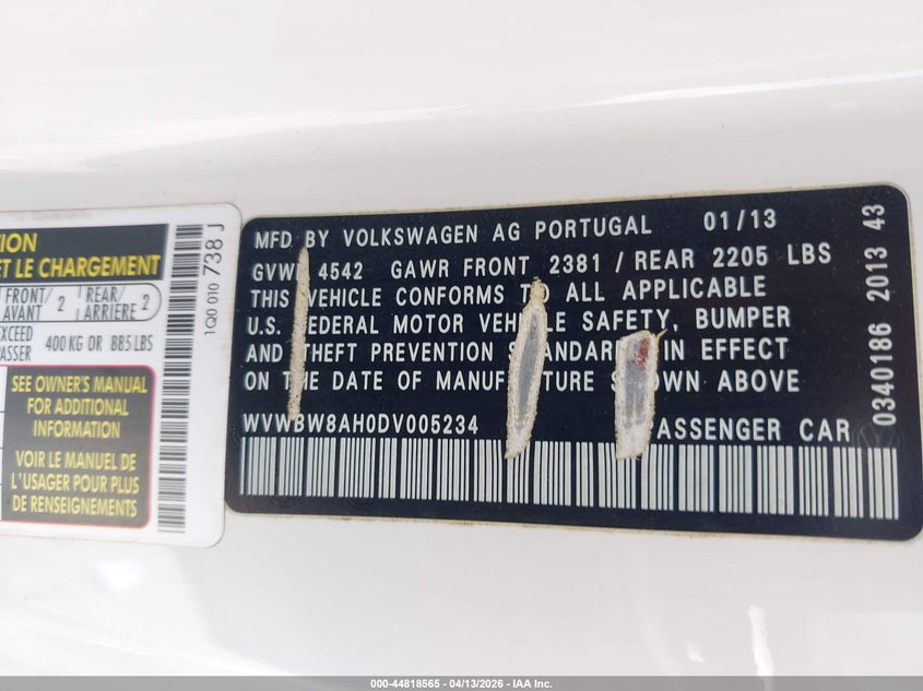 2013 Volkswagen Eos Sport VIN: WVWBW8AH0DV005234 Lot: 44818565