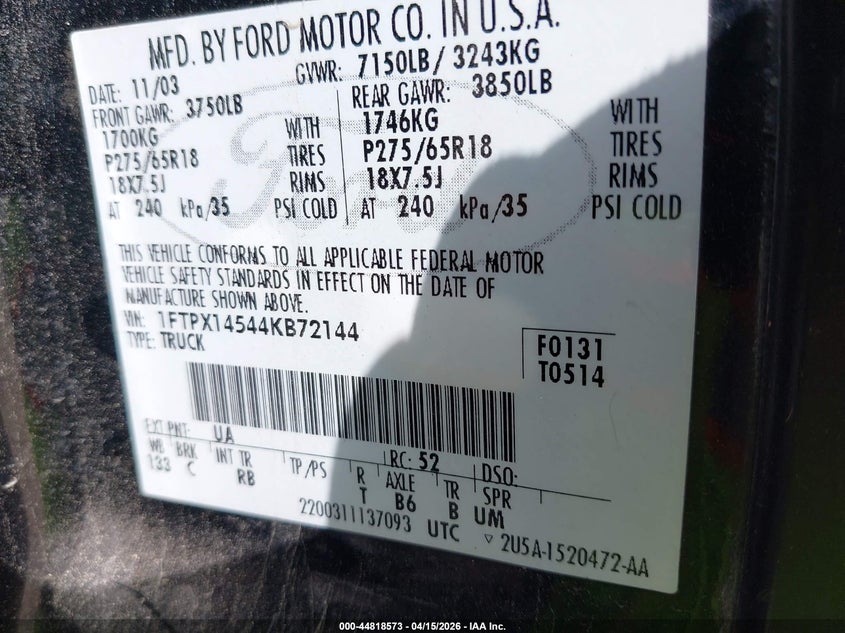 2004 Ford F-150 Fx4/Lariat/Xl/Xlt VIN: 1FTPX14544KB72144 Lot: 44818573