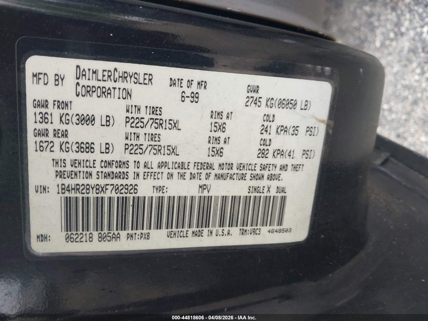 1999 Dodge Durango VIN: 1B4HR28Y8XF702926 Lot: 44818606