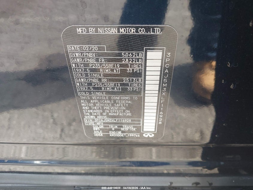 2020 Infiniti Qx50 Luxe Awd VIN: 3PCAJ5M3XLF116928 Lot: 44818608