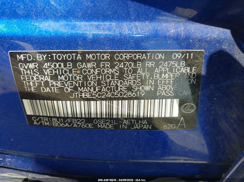 2012 Lexus Is 350 VIN: JTHBE5C24C5028619 Lot: 44818635