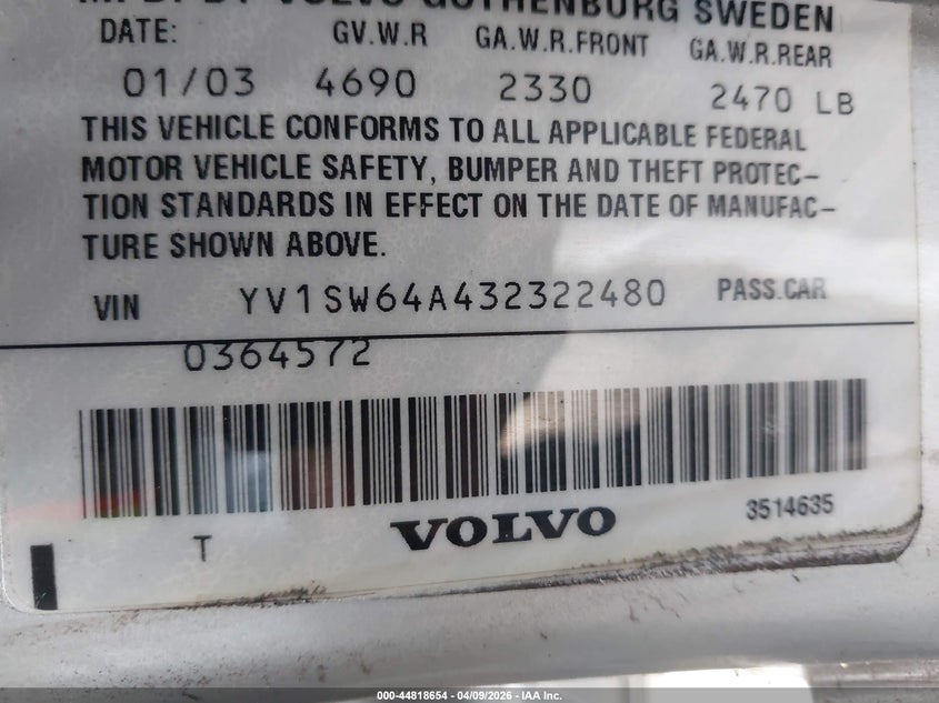 2003 Volvo V70 2.4 VIN: YV1SW64A432322480 Lot: 44818654