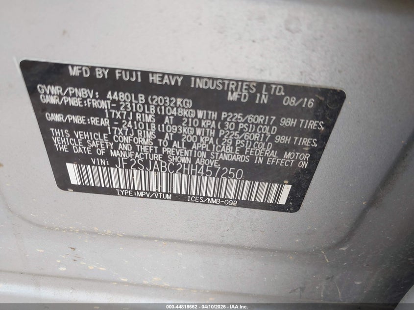 2017 Subaru Forester 2.5I VIN: JF2SJABC2HH457250 Lot: 44818662