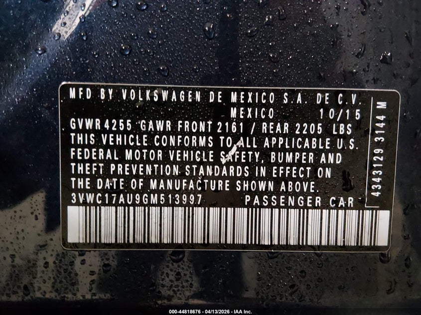 2016 Volkswagen Golf Sportwagen Tsi Se 4-Door VIN: 3VWC17AU9GM513997 Lot: 44818676