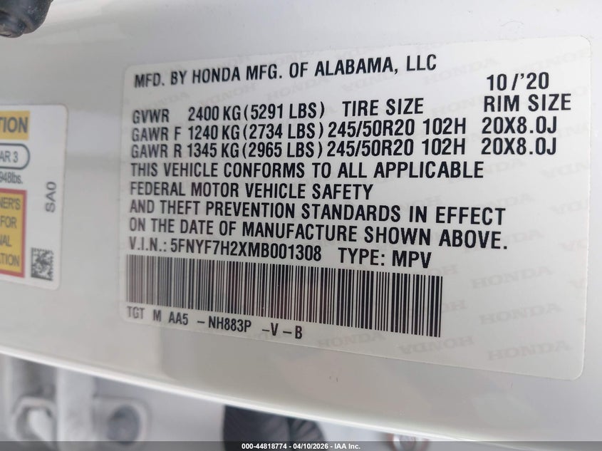 2021 Honda Passport 2Wd Sport VIN: 5FNYF7H2XMB001308 Lot: 44818774