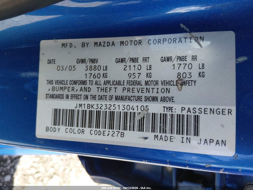 2005 Mazda Mazda3 S VIN: JM1BK323251304105 Lot: 44818790