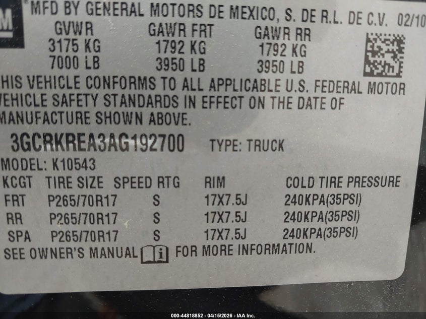 2010 Chevrolet Silverado 1500 Ls VIN: 3GCRKREA3AG192700 Lot: 44818852