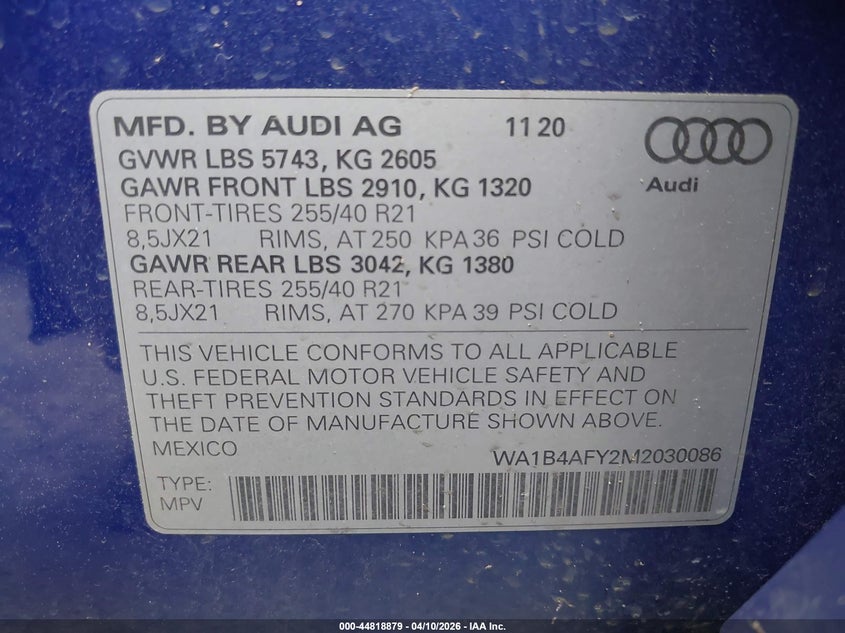 2021 Audi Sq5 Premium Plus Tfsi Quattro Tiptronic VIN: WA1B4AFY2M2030086 Lot: 44818879