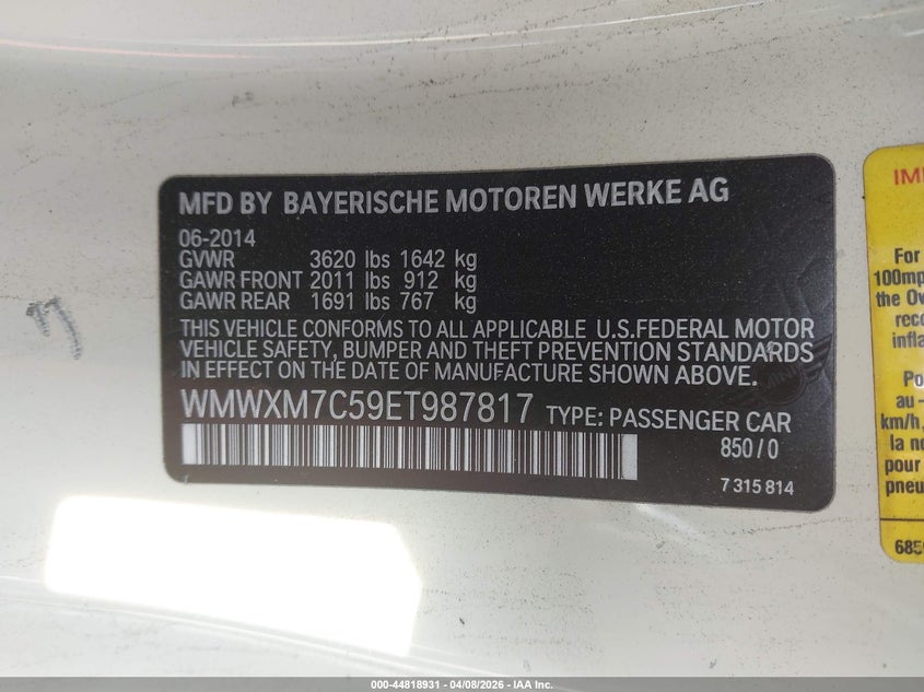 2014 Mini Hardtop Cooper S VIN: WMWXM7C59ET987817 Lot: 44818931