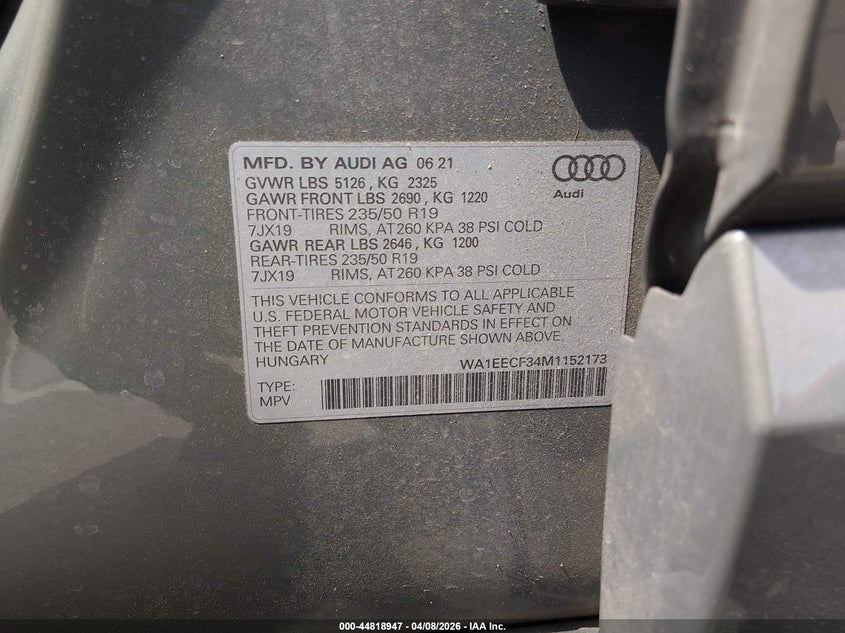 2021 Audi Q3 Premium Plus 45 Tfsi S Line Quattro Tiptronic VIN: WA1EECF34M1152173 Lot: 44818947