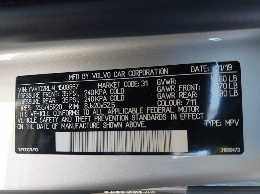 2020 Volvo Xc60 T5 Inscription VIN: YV4102RL4L1508867 Lot: 44818966