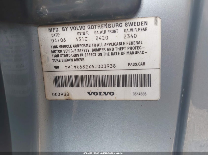 2006 Volvo C70 T5/T5 M VIN: YV1MC682X6J003938 Lot: 44819003