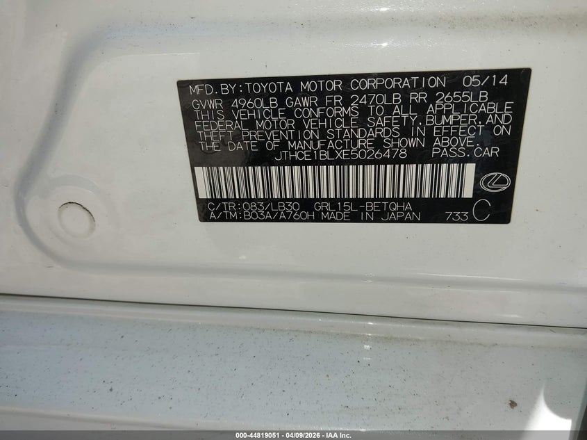 2014 Lexus Gs 350 VIN: JTHCE1BLXE5026478 Lot: 44819051