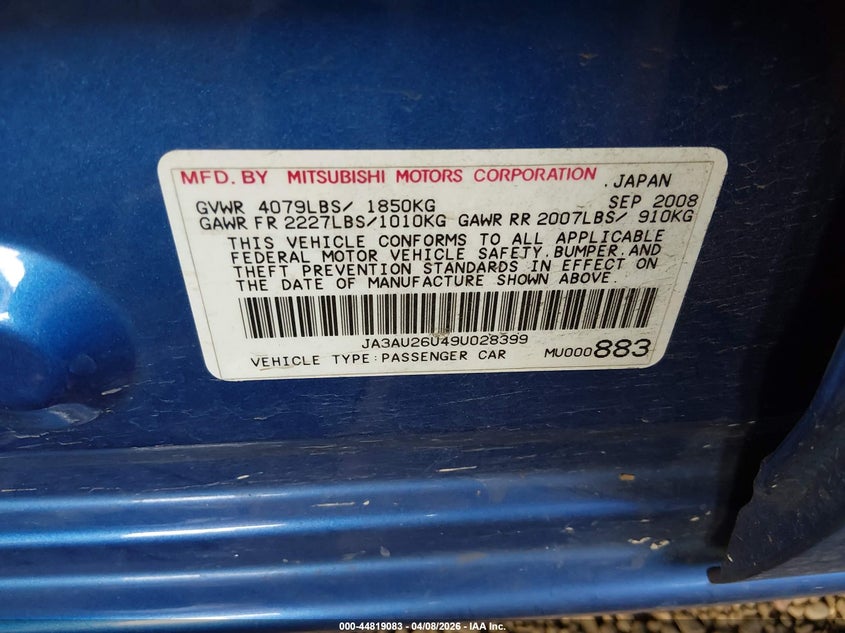 2009 Mitsubishi Lancer Es/Es-Sport VIN: JA3AU26U49U028399 Lot: 44819083