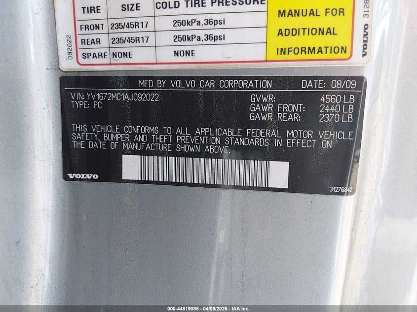 2010 Volvo C70 T5 VIN: YV1672MC1AJ092022 Lot: 44819095