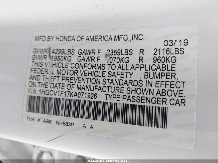 VIN 1HGCV1F17KA071926 2019 HONDA ACCORD LX