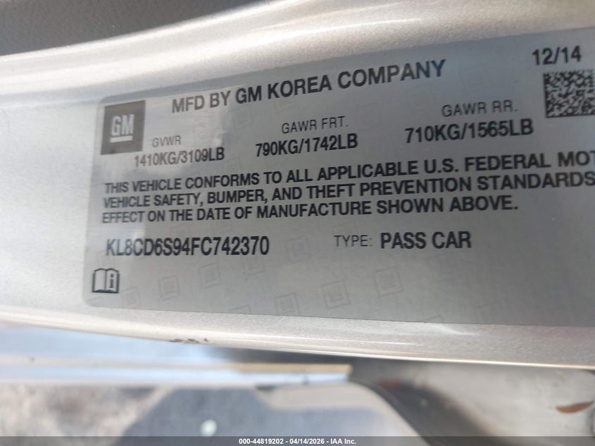 2015 Chevrolet Spark 1Lt Cvt VIN: KL8CD6S94FC742370 Lot: 44819202