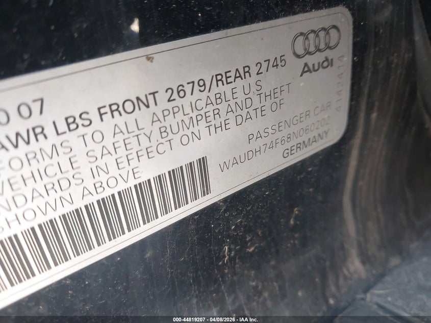2008 Audi A6 3.2 Quattro VIN: WAUDH74F68N060202 Lot: 44819207