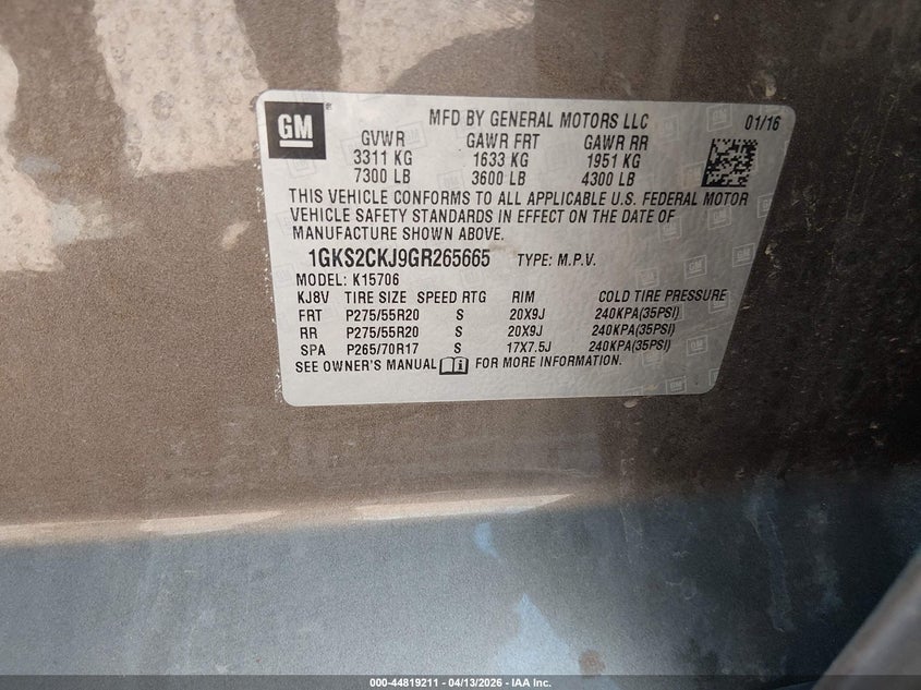 2016 GMC Yukon Denali VIN: 1GKS2CKJ9GR265665 Lot: 44819211