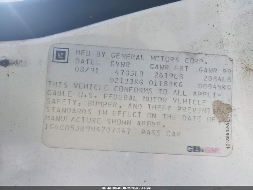 1992 Cadillac Deville VIN: 1G6CD53B9N4207047 Lot: 44819240