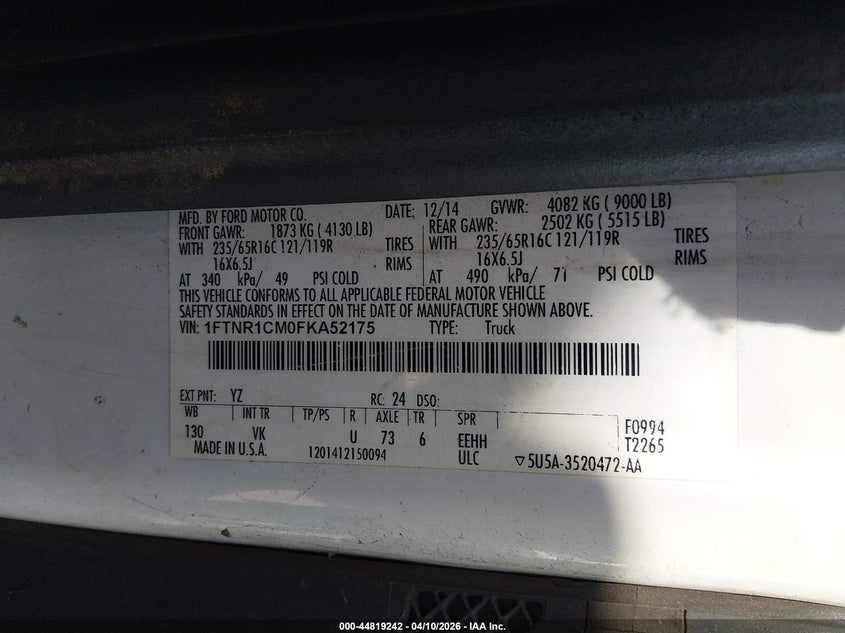 2015 Ford Transit 3.7 -250 white Lot 111044819242 Vin 1FTNR1CM0FKA52175