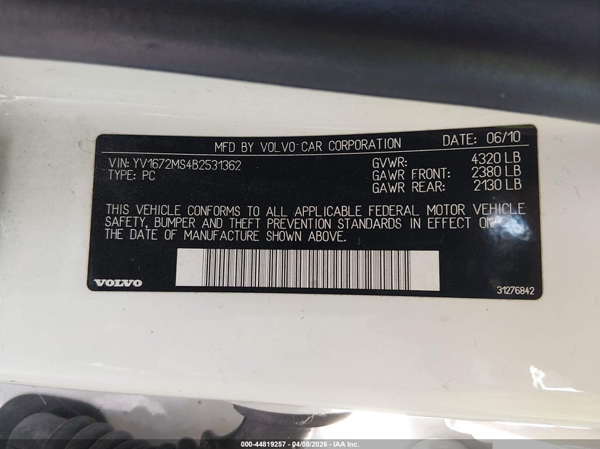 2011 Volvo S40 T5/T5 R-Design VIN: YV1672MS4B2531362 Lot: 44819257