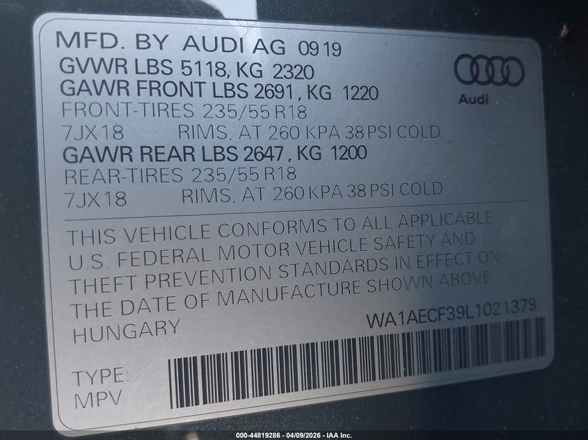 2020 Audi Q3 2.0 Premium 45 Tfsi Quattro Tiptronic grey Lot 111044819286 Vin WA1AECF39L1021379