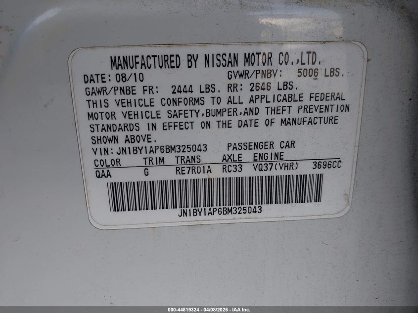 2011 Infiniti M37 VIN: JN1BY1AP6BM325043 Lot: 44819324