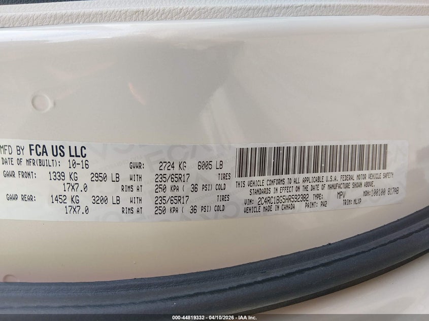 2C4RC1BG5HR592382 2017 Chrysler Pacifica 3.6 Touring-L cream