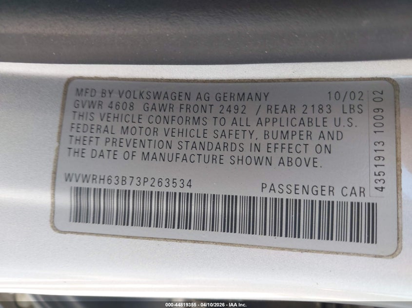 2003 Volkswagen Passat Glx VIN: WVWRH63B73P263534 Lot: 44819355