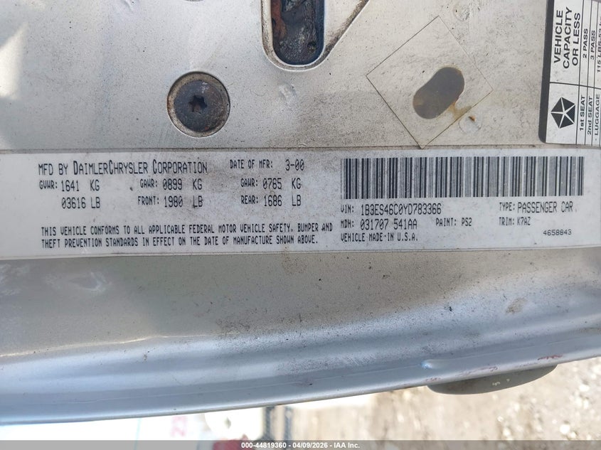 2000 Dodge Neon Highline VIN: 1B3ES46C0YD783366 Lot: 44819360