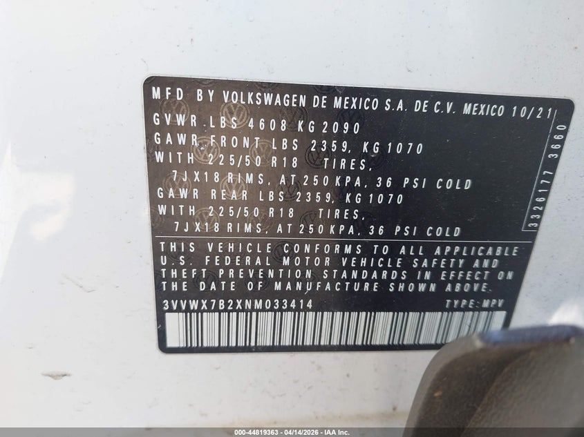 2022 Volkswagen Taos 1.5T Se VIN: 3VVWX7B2XNM033414 Lot: 44819363