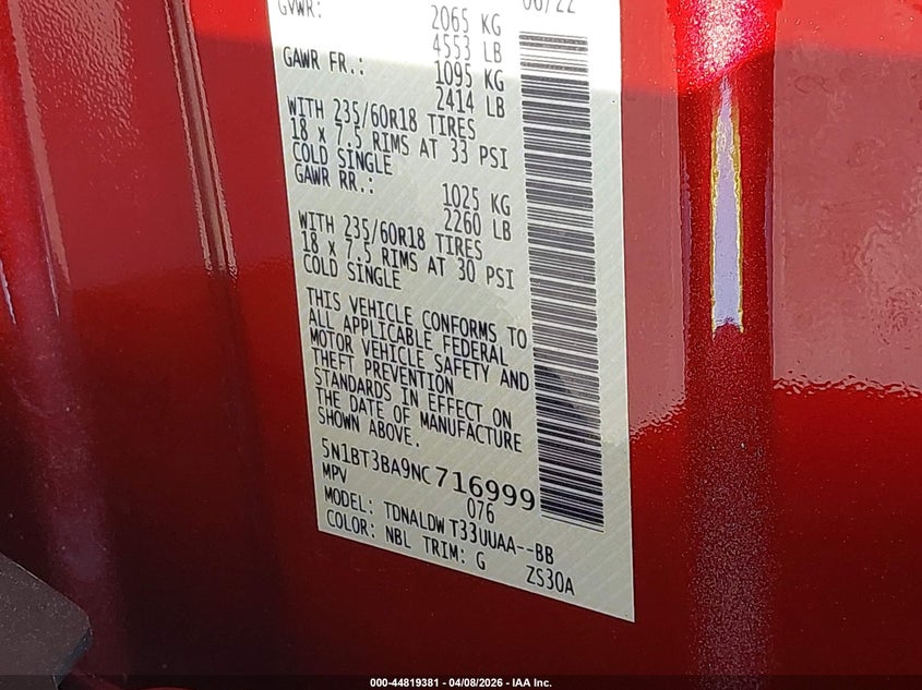 2022 Nissan Rogue Sv Fwd VIN: 5N1BT3BA9NC716999 Lot: 44819381