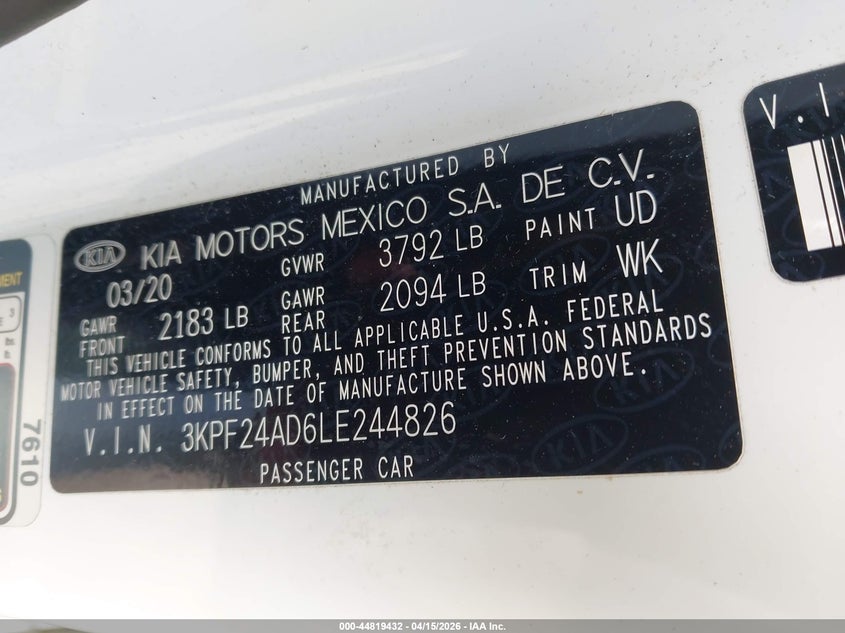 2020 Kia Forte Lxs VIN: 3KPF24AD6LE244826 Lot: 44819432