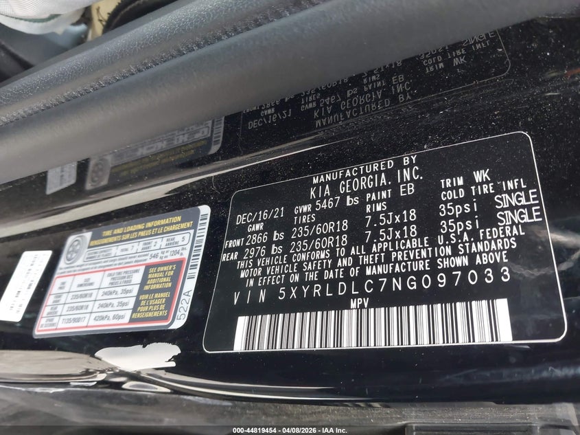 2022 Kia Sorento X-Line S VIN: 5XYRLDLC7NG097033 Lot: 44819454